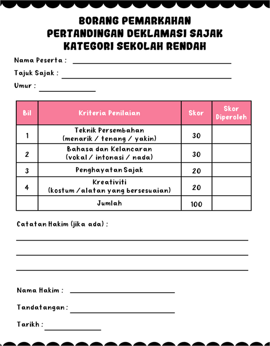 Borang Pemarkahan Pertandingan Deklamasi Sajak (PERCUMA) KaryaNHI