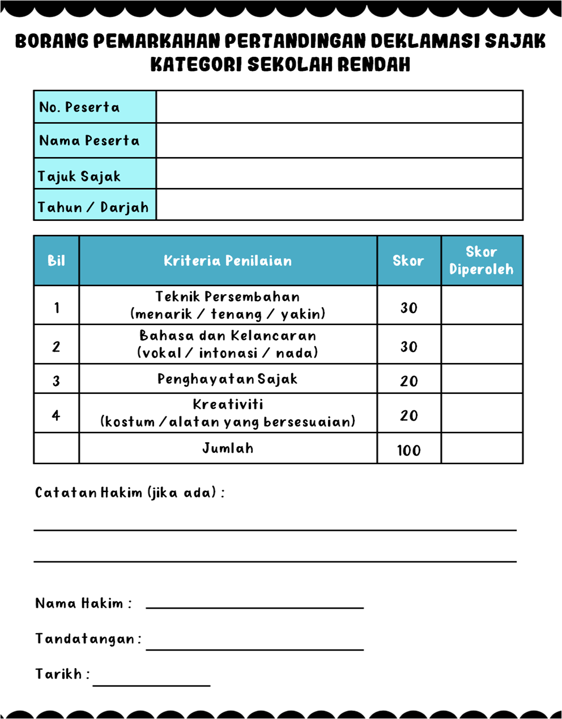 Borang Pemarkahan Pertandingan Deklamasi Sajak (PERCUMA) KaryaNHI