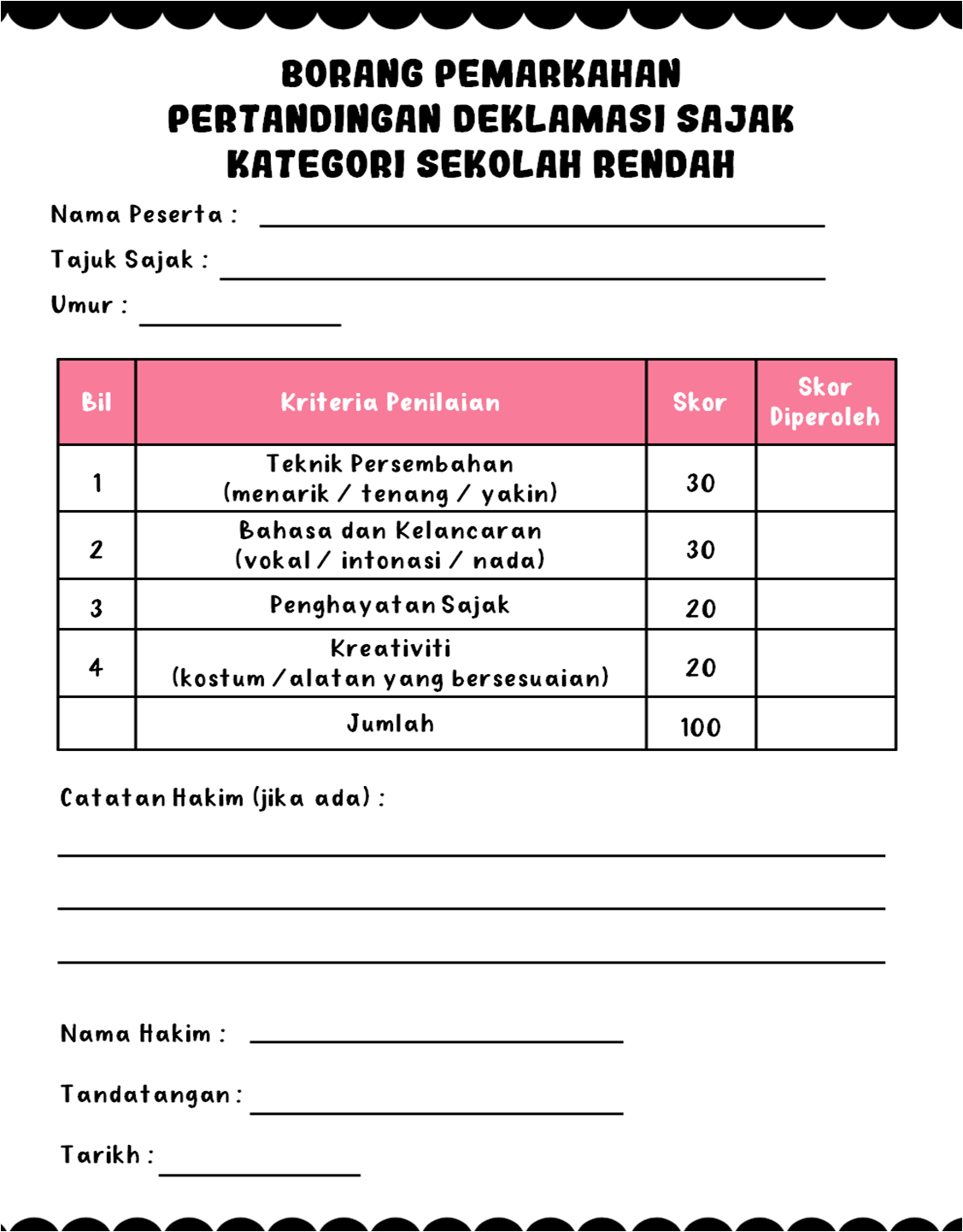 Borang Pemarkahan Pertandingan Deklamasi Sajak (PERCUMA) KaryaNHI