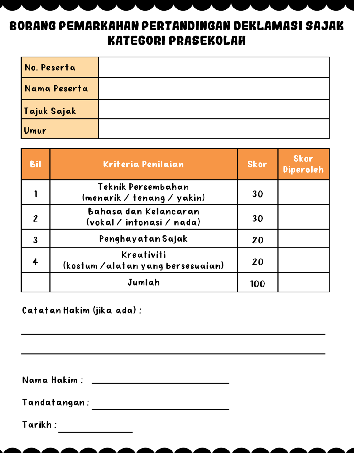 Borang Pemarkahan Pertandingan Deklamasi Sajak (PERCUMA) KaryaNHI