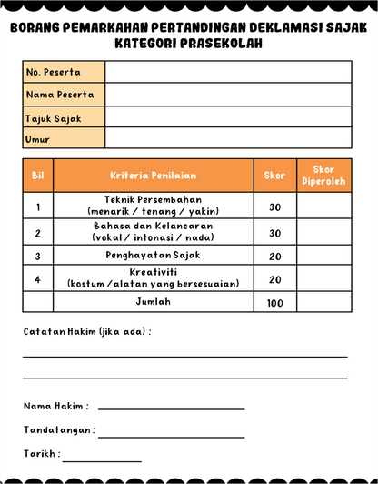 Borang Pemarkahan Pertandingan Deklamasi Sajak (PERCUMA) KaryaNHI