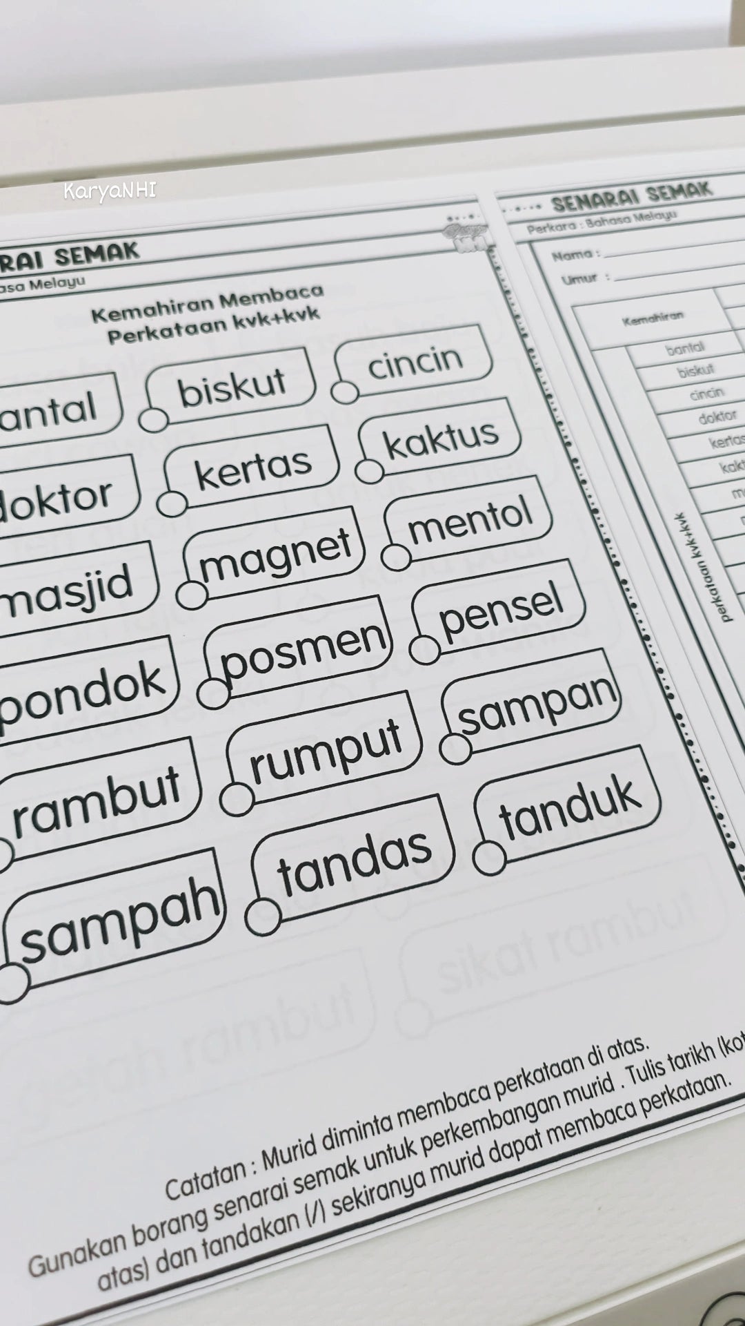 Senarai Semak BM (Individu), Pentaksiran Tadika / Prasekolah