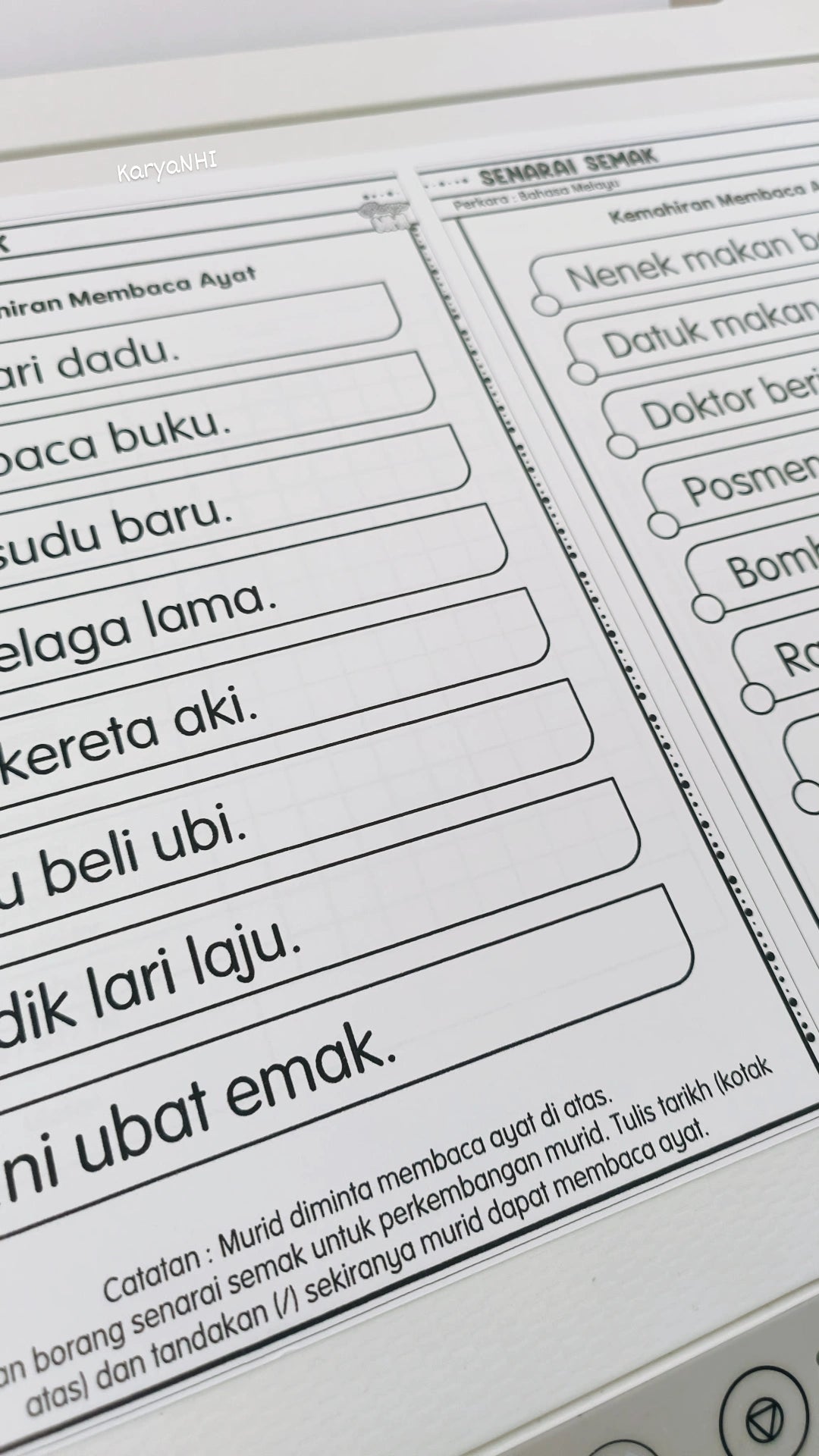 Senarai Semak BM (Individu), Pentaksiran Tadika / Prasekolah