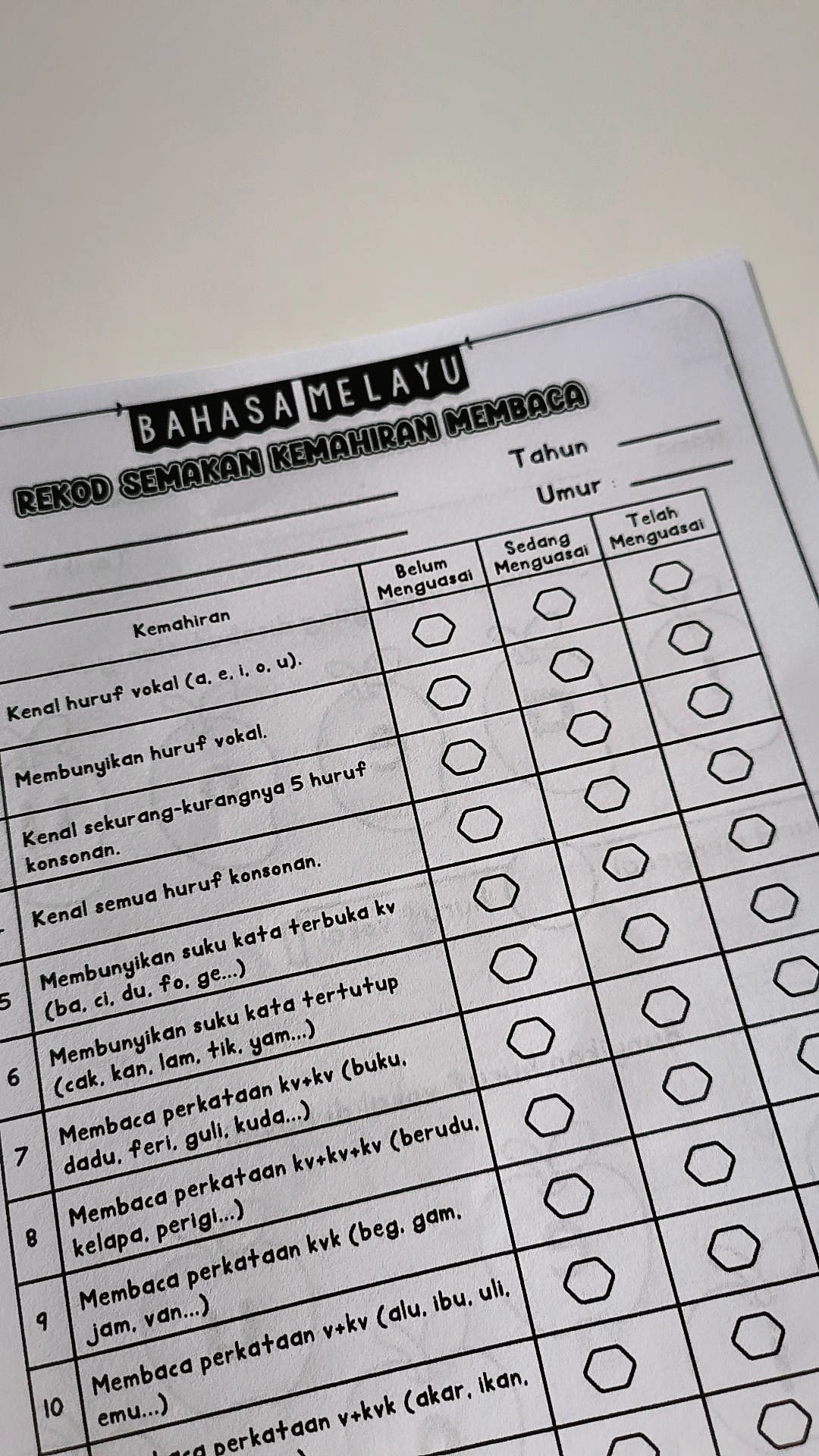Rekod Semakan Kemahiran Membaca BM KaryaNHI